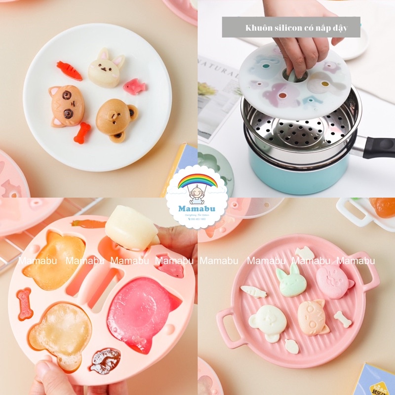 Khuôn Silicon Tròn Làm Bánh Flan, Thạch Pudding, Khuôn Hấp Bánh, Nướng Bánh Có Nắp Đậy Hình Con Vật Dễ Thương Mamabu