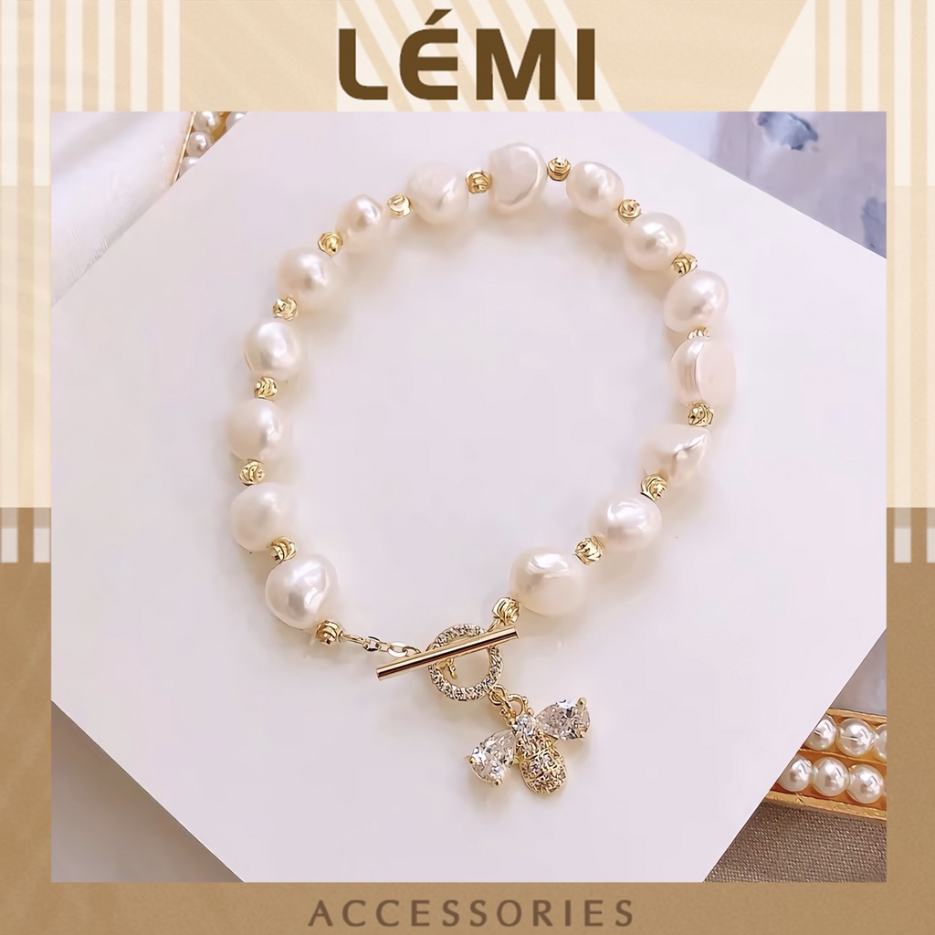 Lắc tay hạt trai nước ngọt LEMI Vòng tay con ong đính đá Zircon chốt cài ngang phong cách Vintage