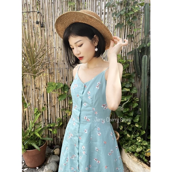 Đầm hai dây hoa nhí phom 7 mảnh tôn dáng chất cotton lụa