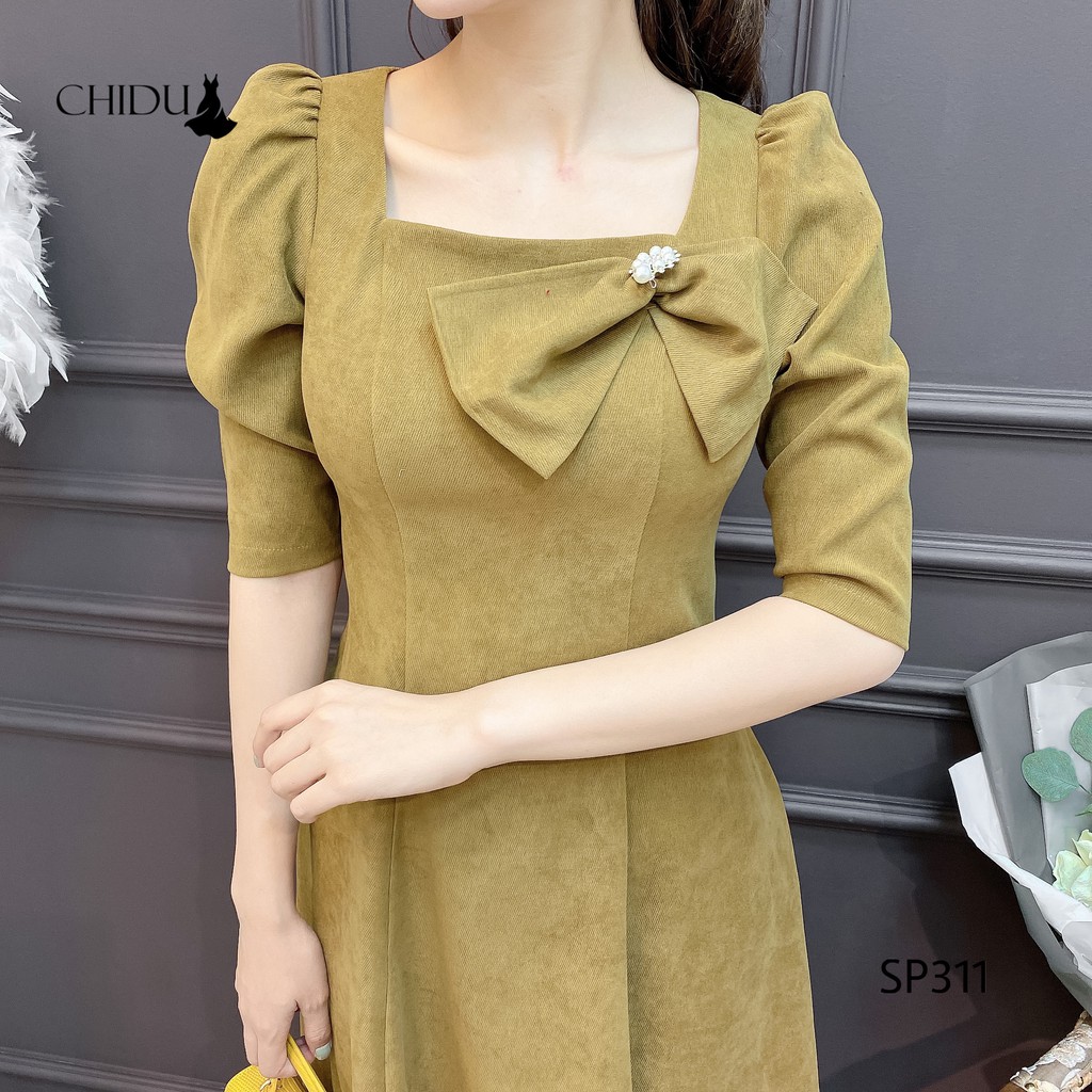 CHIDU váy nhung cổ vuông đính nơ - SP311 | BigBuy360 - bigbuy360.vn