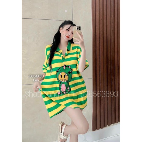 Váy Len Polo Kẻ Xanh Dáng Rộng Đầm Suông Len Sọc Khủng Long ❤