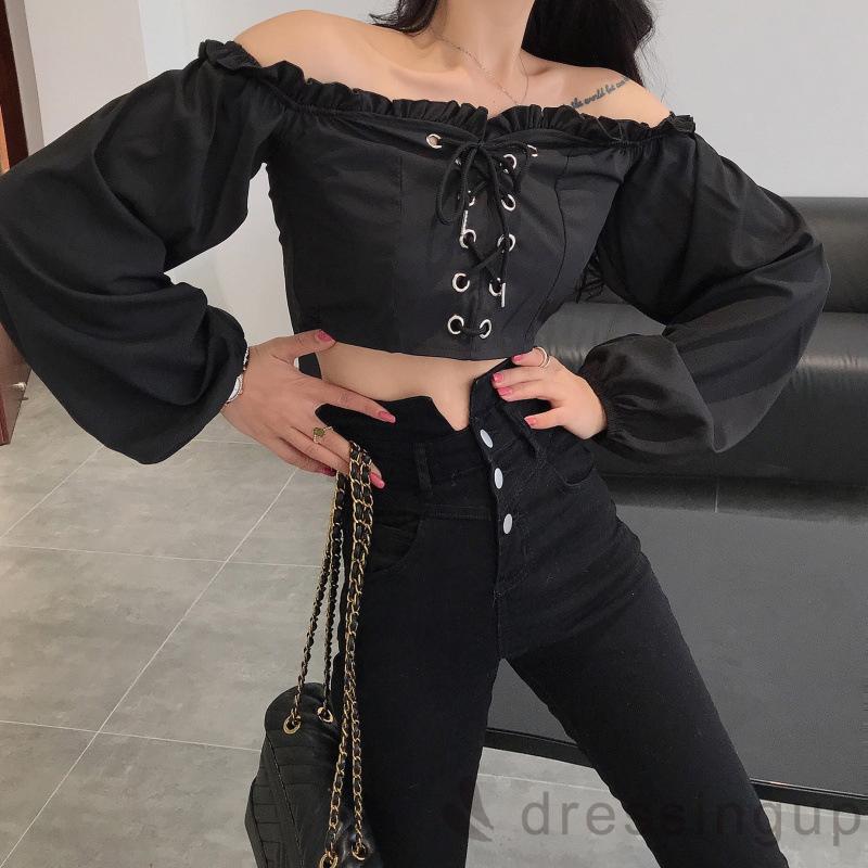 Áo Trễ Vai Tay Dài Màu Trơn Thiết Kế Quyến Rũ Cho Nữ