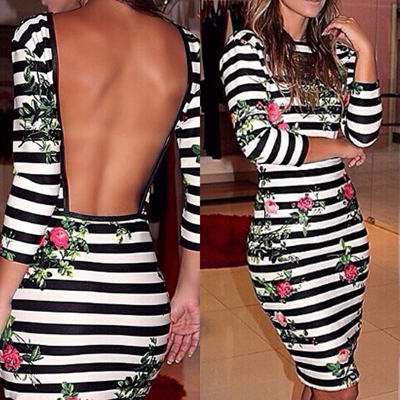 ☛☏❤Women Summer Long Sleeve Floral Print Bandage Bodycon Stretch Mini Pencil Dress | BigBuy360 - bigbuy360.vn