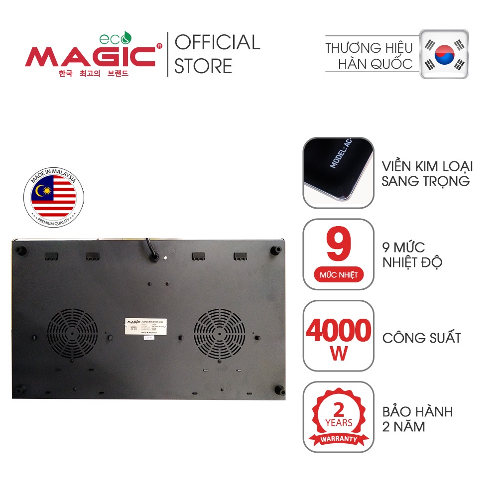 Bếp điện từ đôi Magic Eco AC-210 MADE IN MALAYSIA,viền bếp bằng inox sáng bóng với khóa an toàn,bảo hành chính hãng 30th