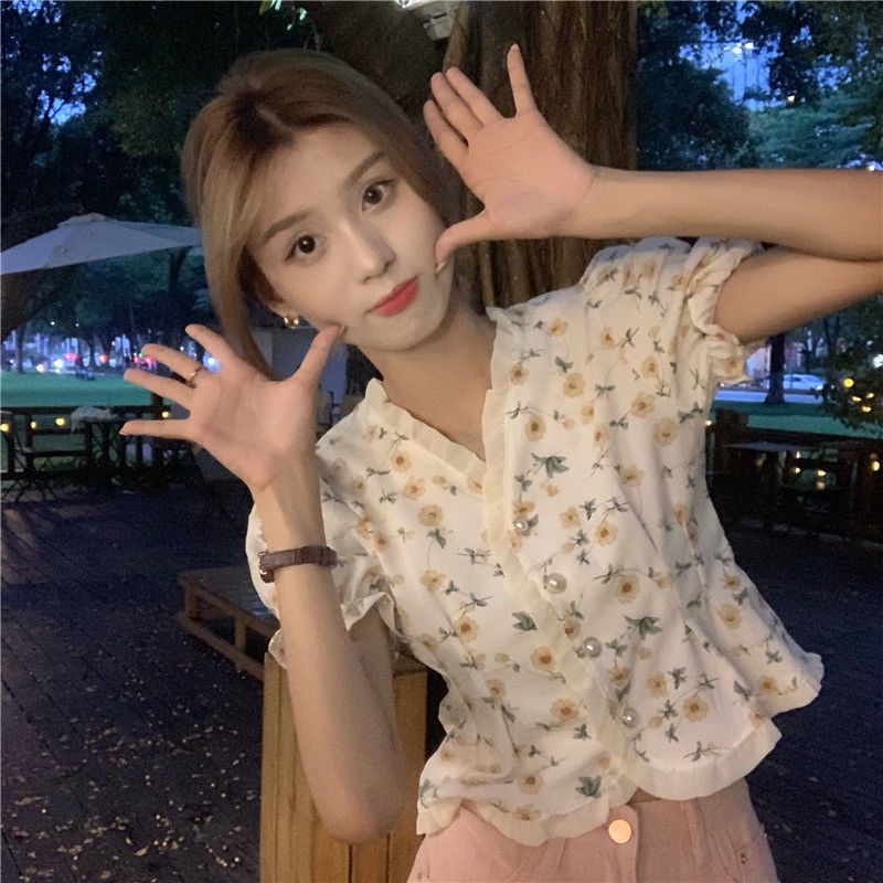 Áo Sơ Mi Tay Ngắn Cổ Chữ V In Họa Tiết Hoa Thời Trang Mùa Hè Cho Nữ