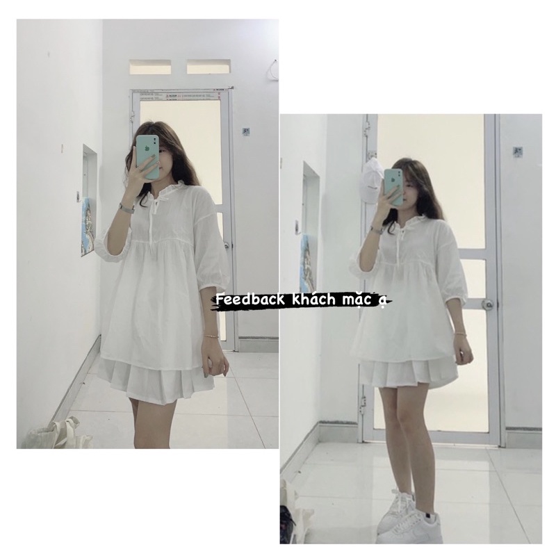 Set Áo Babydoll Trắng Kèm Chân Váy Trắng Xếp Li | BigBuy360 - bigbuy360.vn