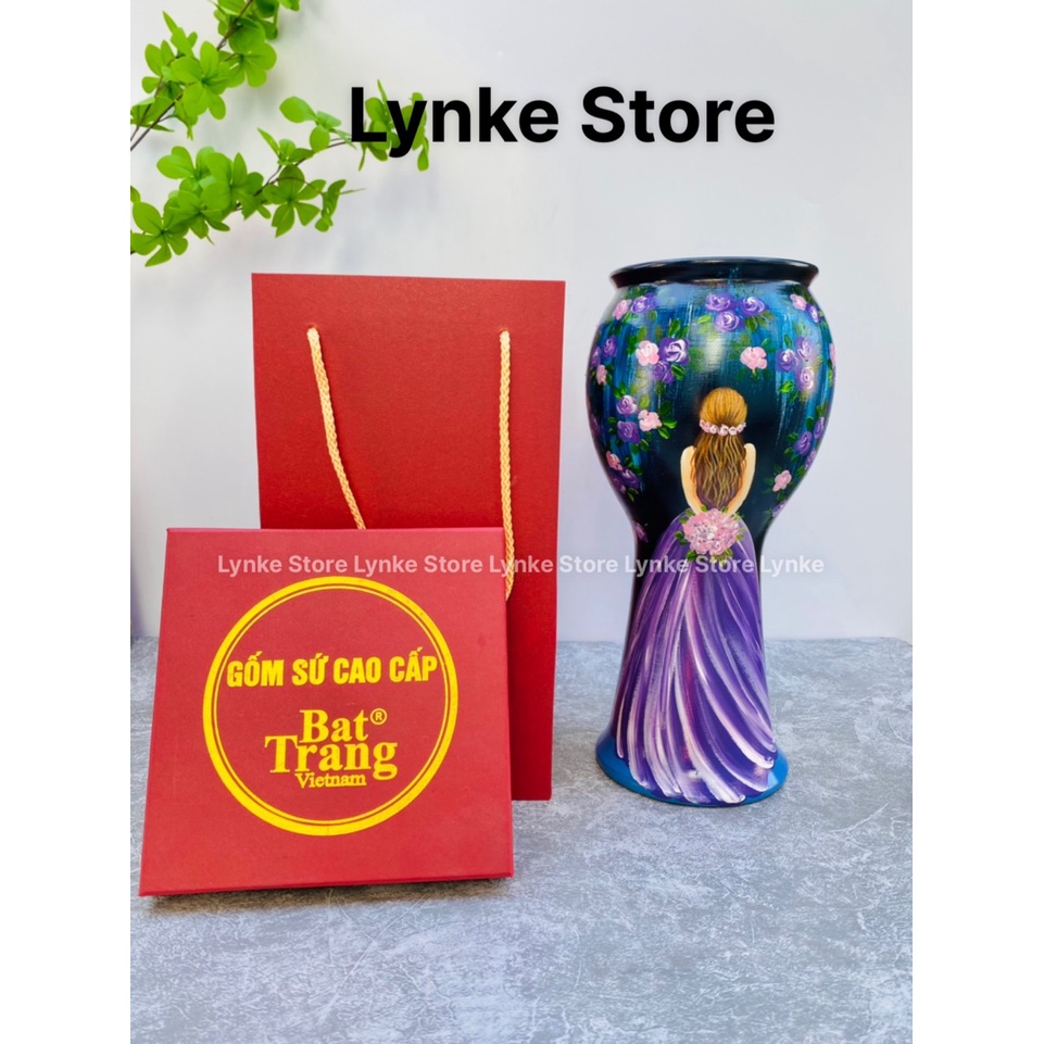 Bình Hoa Lọ Hoa Vẽ Sơn 3D Cô Gái Tím Đỏ Gốm Bát Tràng Quà Tặng Đám Cưới - Lynke Store