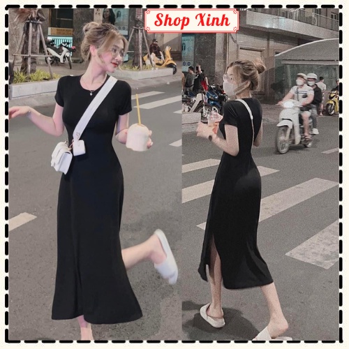 Váy Maxi Xẻ Tà Dáng Suông Dài Màu Đen Huyền Bí, Váy thun gân hè cộc tay dáng dài xẻ gấu basic