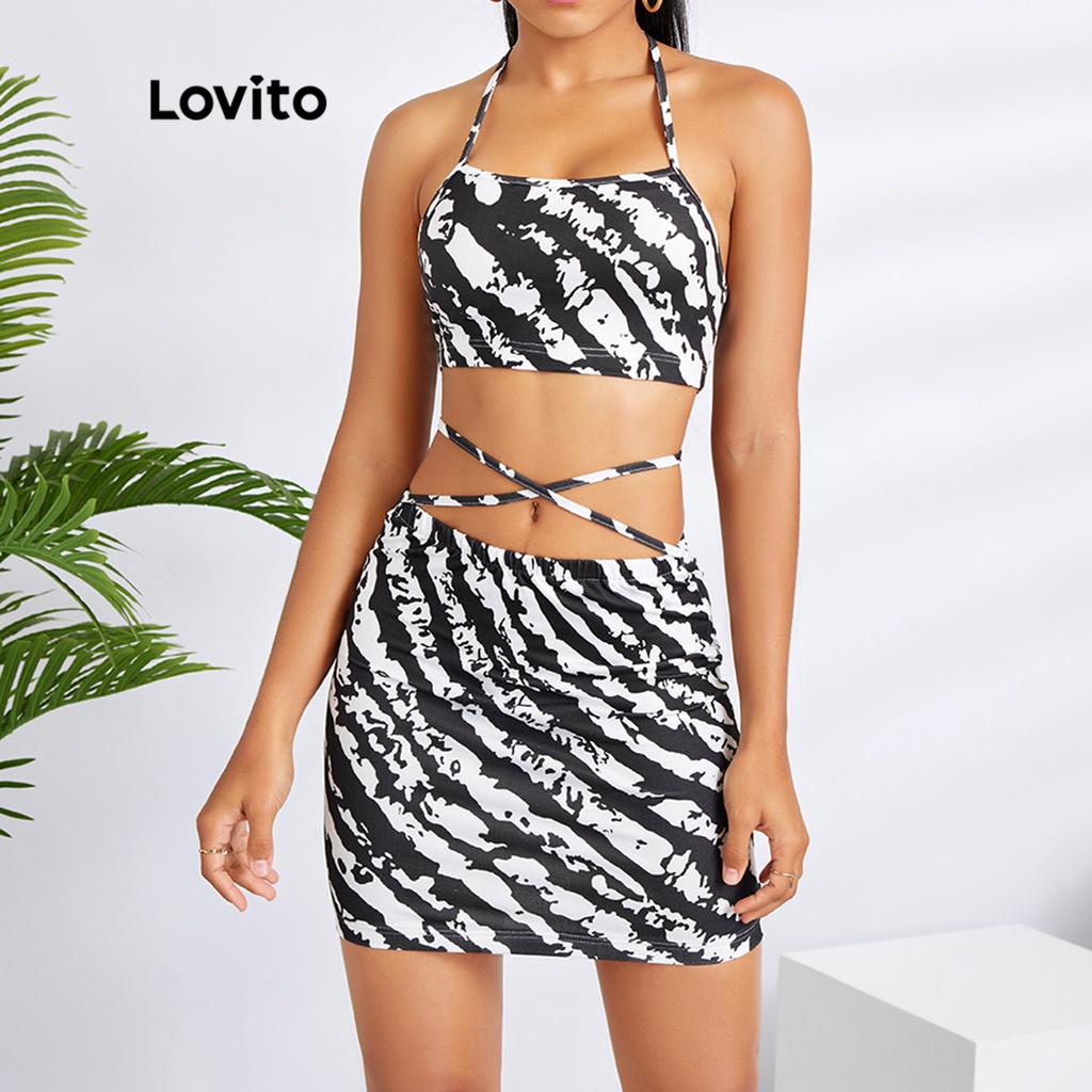 Bộ chân váy Lovito kiểu bút chì không tay in họa tiết ngựa vằn quyến rũ L25LD188 (màu đen và trắng)