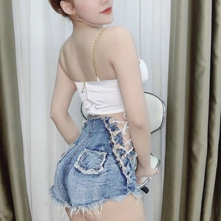 Quần đùi jean nữ lưng cao tua rua đan dây hông sexy cá tính LY