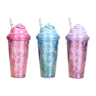 Glitters Pattern Double Layer Plastic Straw Bottle Innovative Gift Ice Cream Straw Bottle