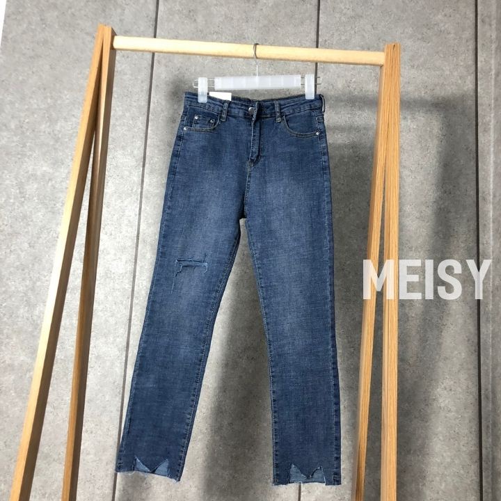 Quần Jean Bò Nữ Ống Đứng Suông Cạp Cao Co Giãn Rách Đùi Phong Cách Basic(Meisy) | BigBuy360 - bigbuy360.vn