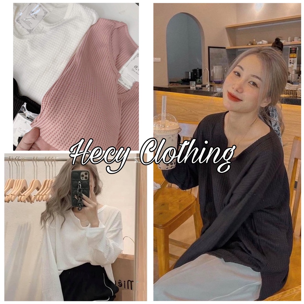 Áo Len Cổ Khoét Tròn Nhỏ Nữ - Hecy.Clothing [FREE SHIP] - Thun len dài tay form rộng vintage ba màu ĐEN | TRẮNG | HỒNG