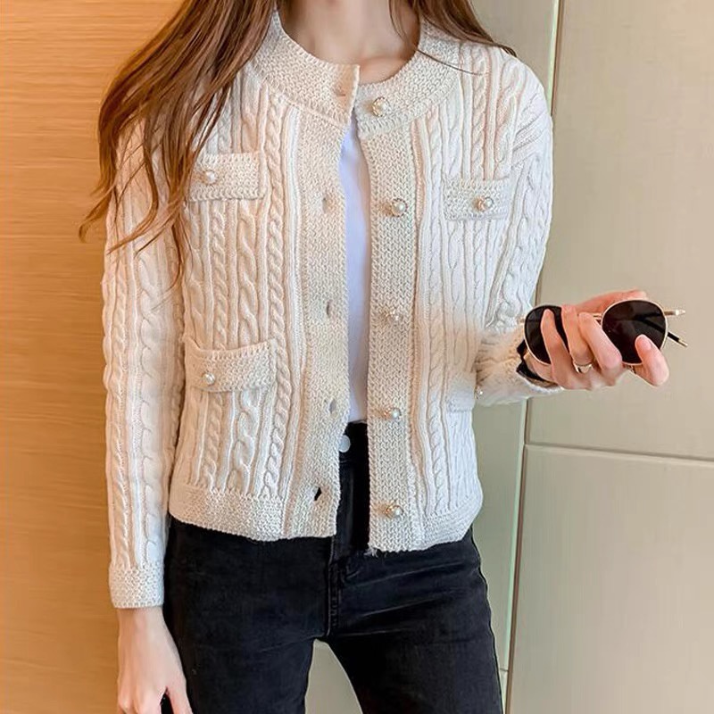 Áo khoác len nữ tay dài cổ tròn viền nhũ dệt kim len sợi thừng dày dặn kiểu Hàn Quốc 2021