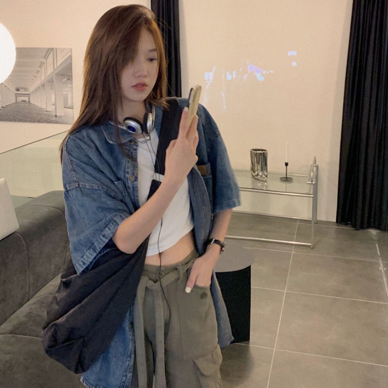 Áo Sơ Mi Denim Tay Ngắn Dáng Rộng Thời Trang Mùa Hè Dành Cho Nữ