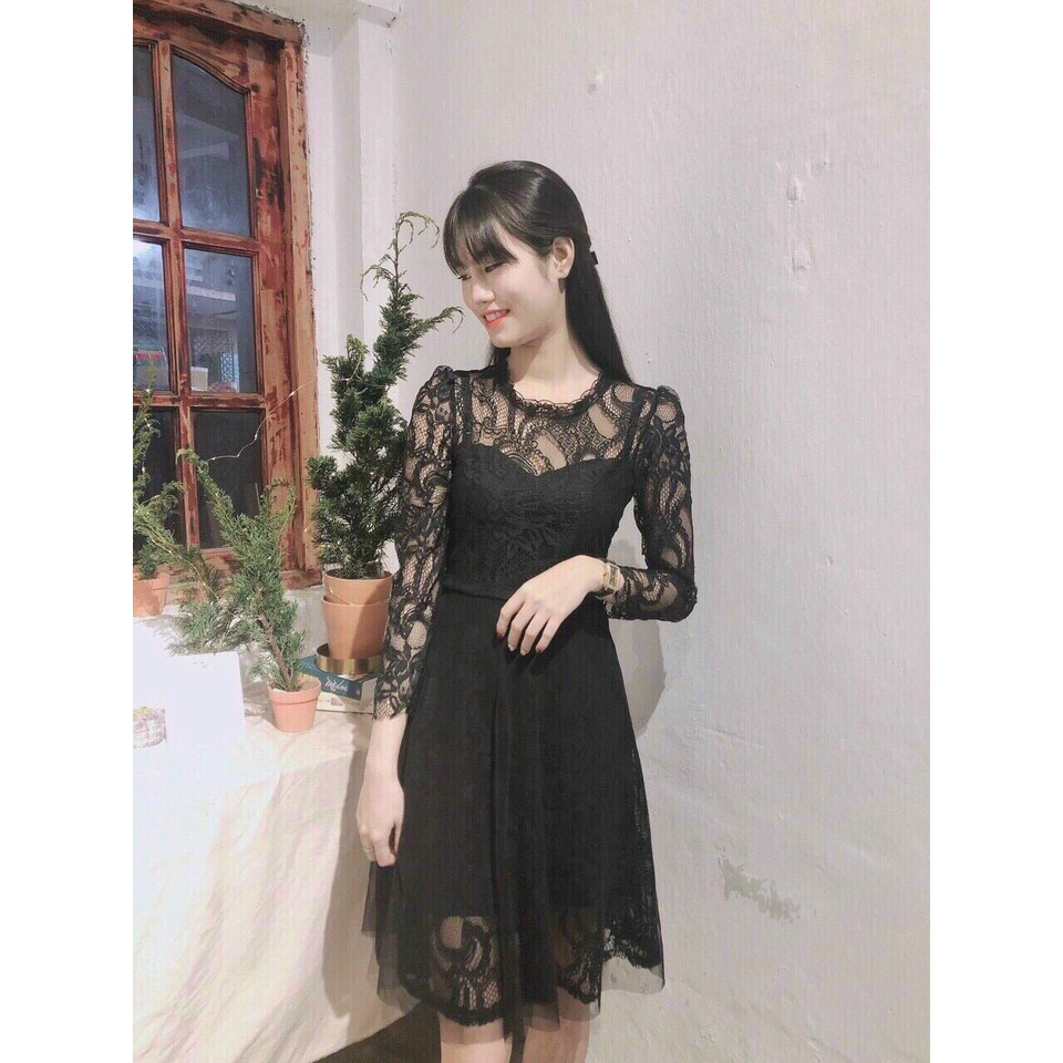 Đầm ren xòe tiểu thư tay dài sang trọng quý phái fashionzero - 60168