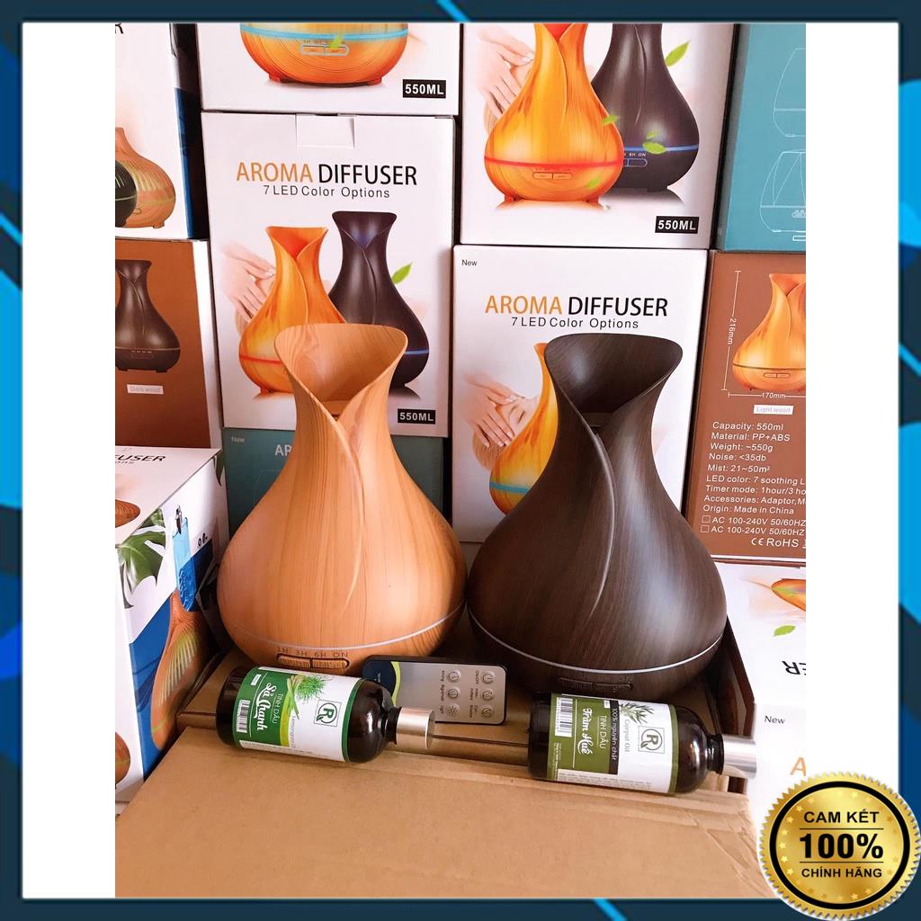 Máy Xông Tinh Dầu Hoa Tulip 550ml , Máy Khuếch Tán Tinh Dầu Đèn LED 7 Màu Có Remote