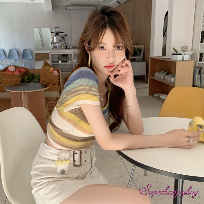 Áo Dệt Kim Ngắn Tay Cổ Vuông Ôm Dáng Họa Tiết Kẻ Sọc Nhiều Màu Sắc Cho Nữ