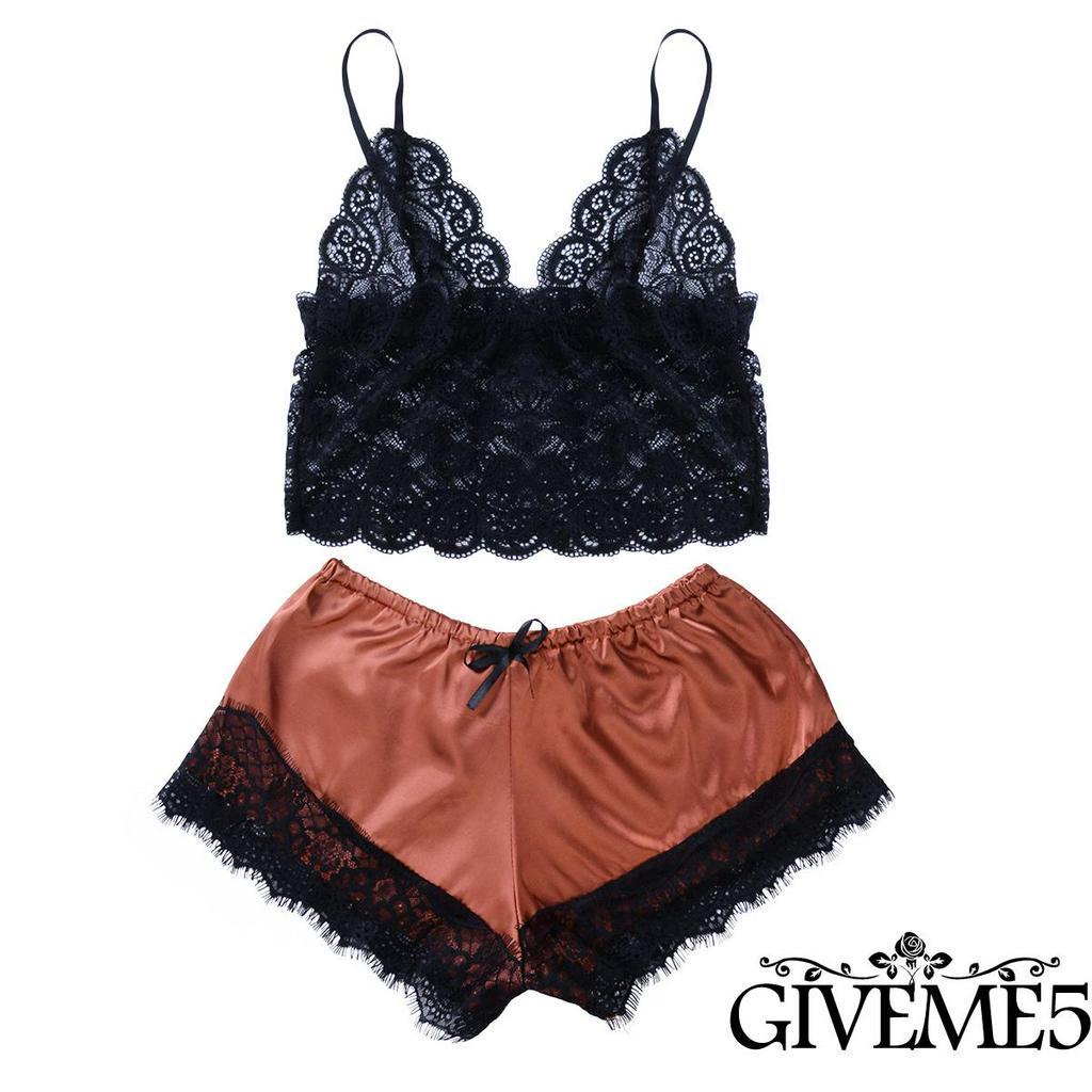 Set Đồ Ngủ Lụa Satin Phối Ren Quyến Rũ Cho Nữ