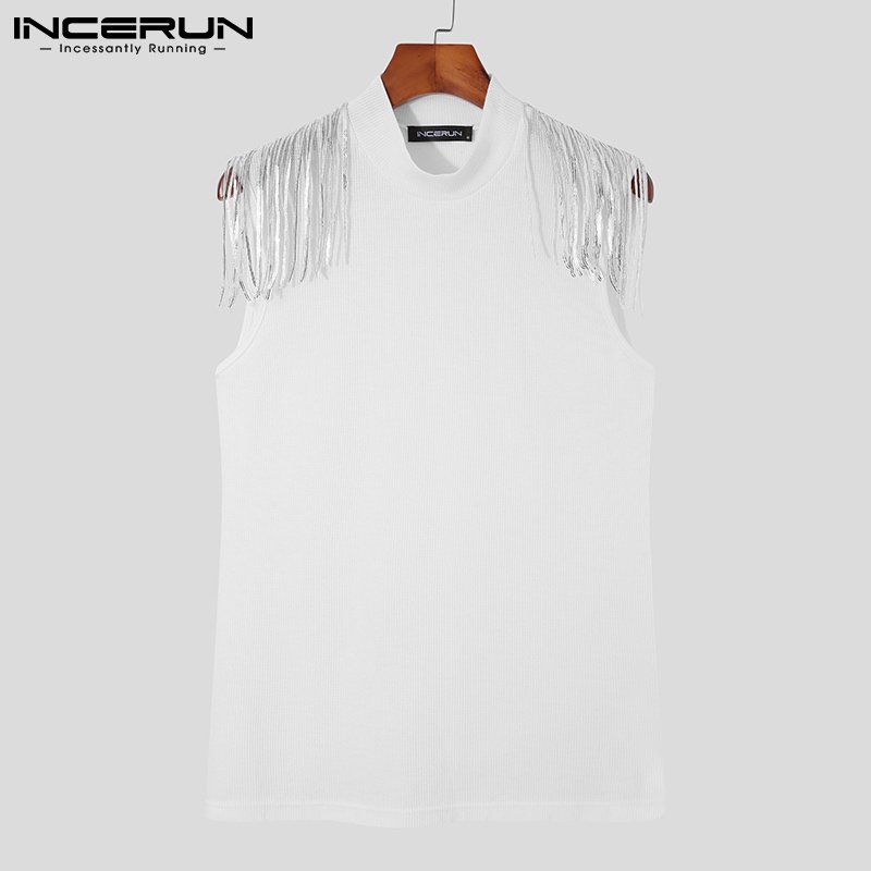 Áo thun INCERUN không tay dáng ôm phối tua rua màu trơn sành điệu cho nam