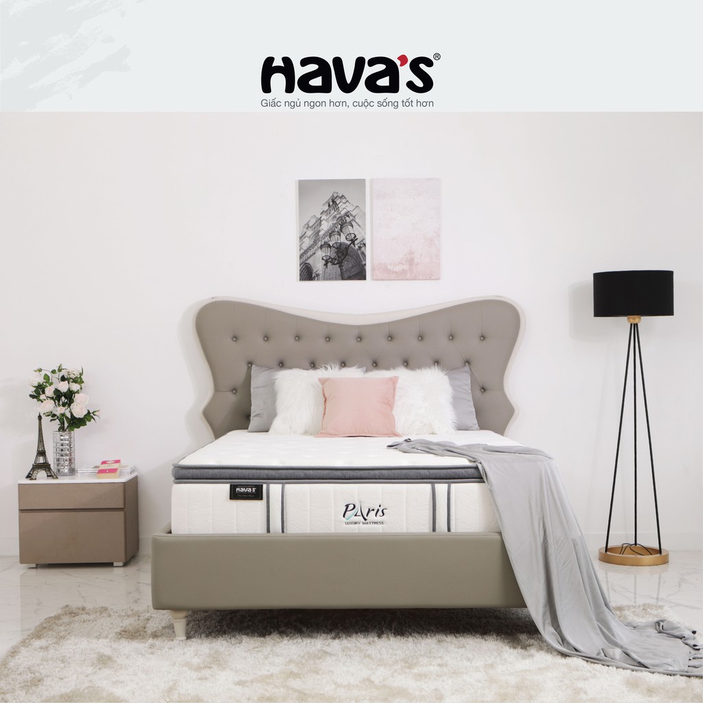 Nệm Havas Paris 1m6 và 1m8 lò xo túi nâng đỡ, mặt chần Box Top thẩm mỹ, thông thoáng, bảo hành 10 năm