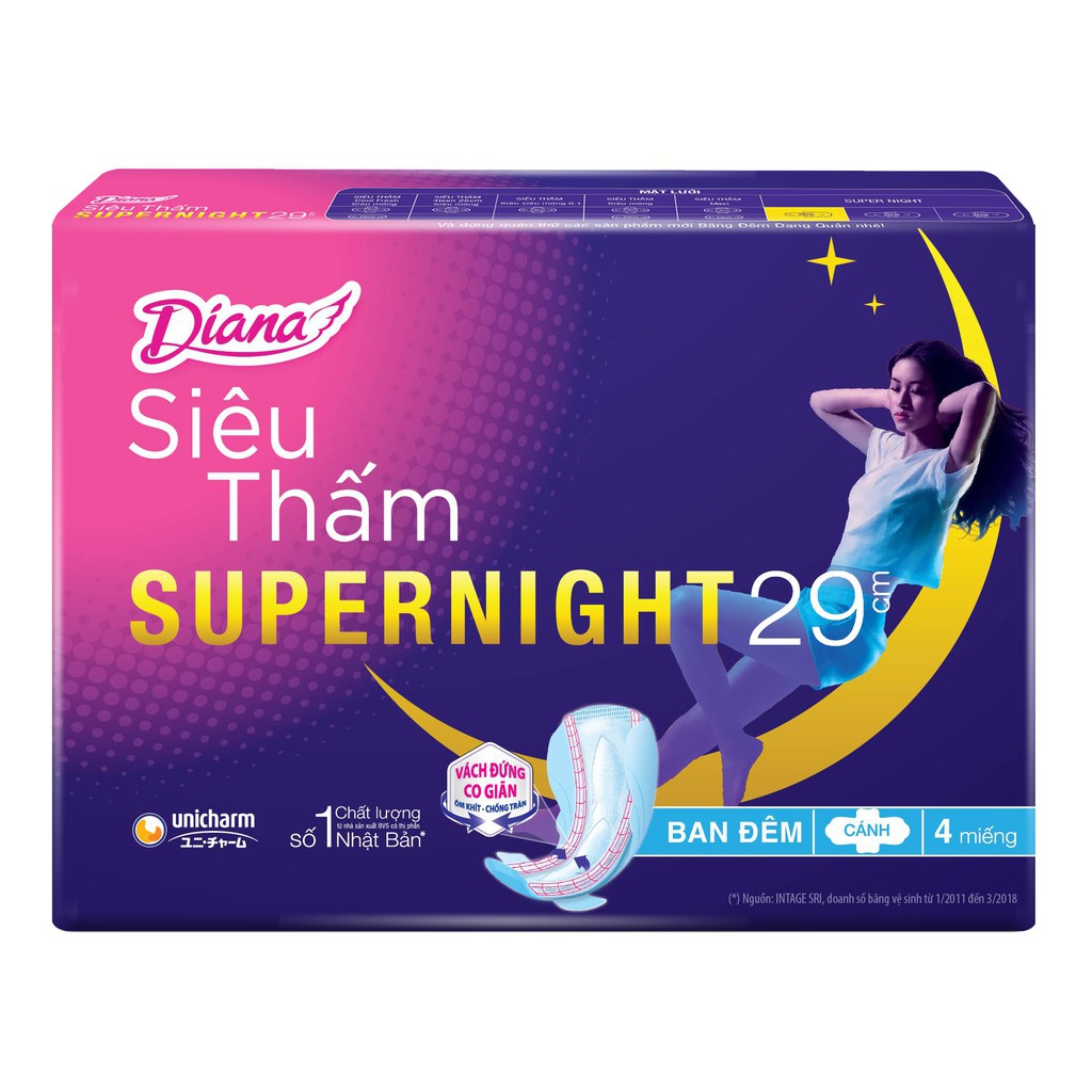 [che tên sp] Băng Vệ Sinh Ban Đêm Cánh Diana Super Night 29cm 4 miếng , 35cm 3 miếng