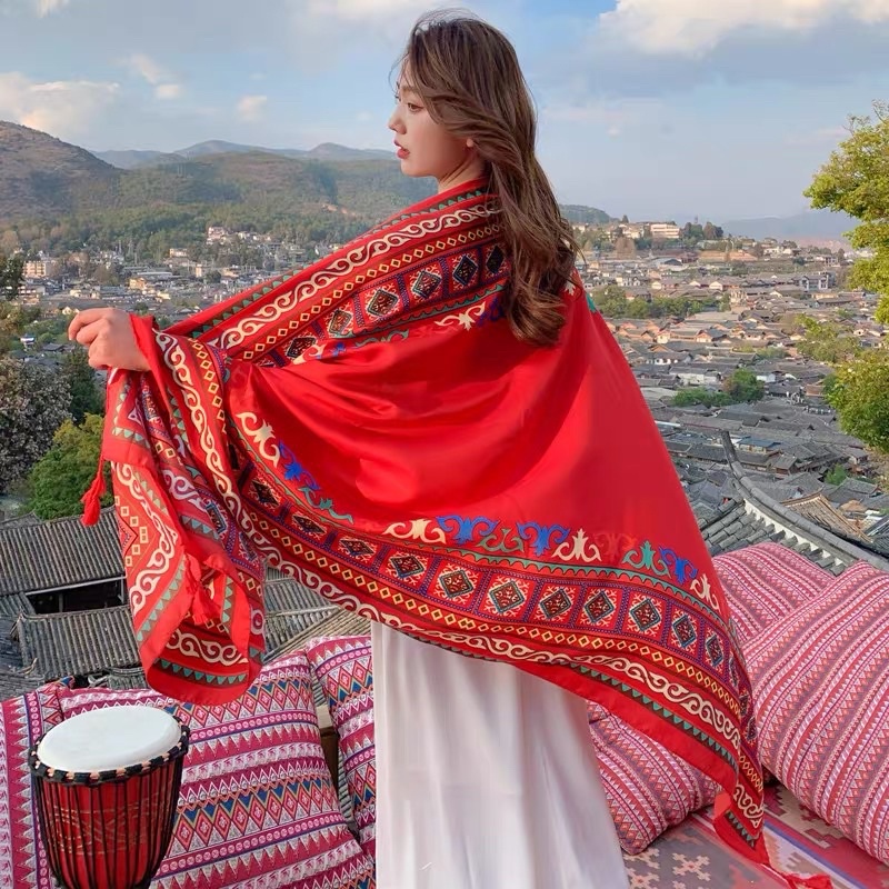 Khăn choàng in hoa văn thổ cẩm cao cấp che nắng du lịch size 90x180cm