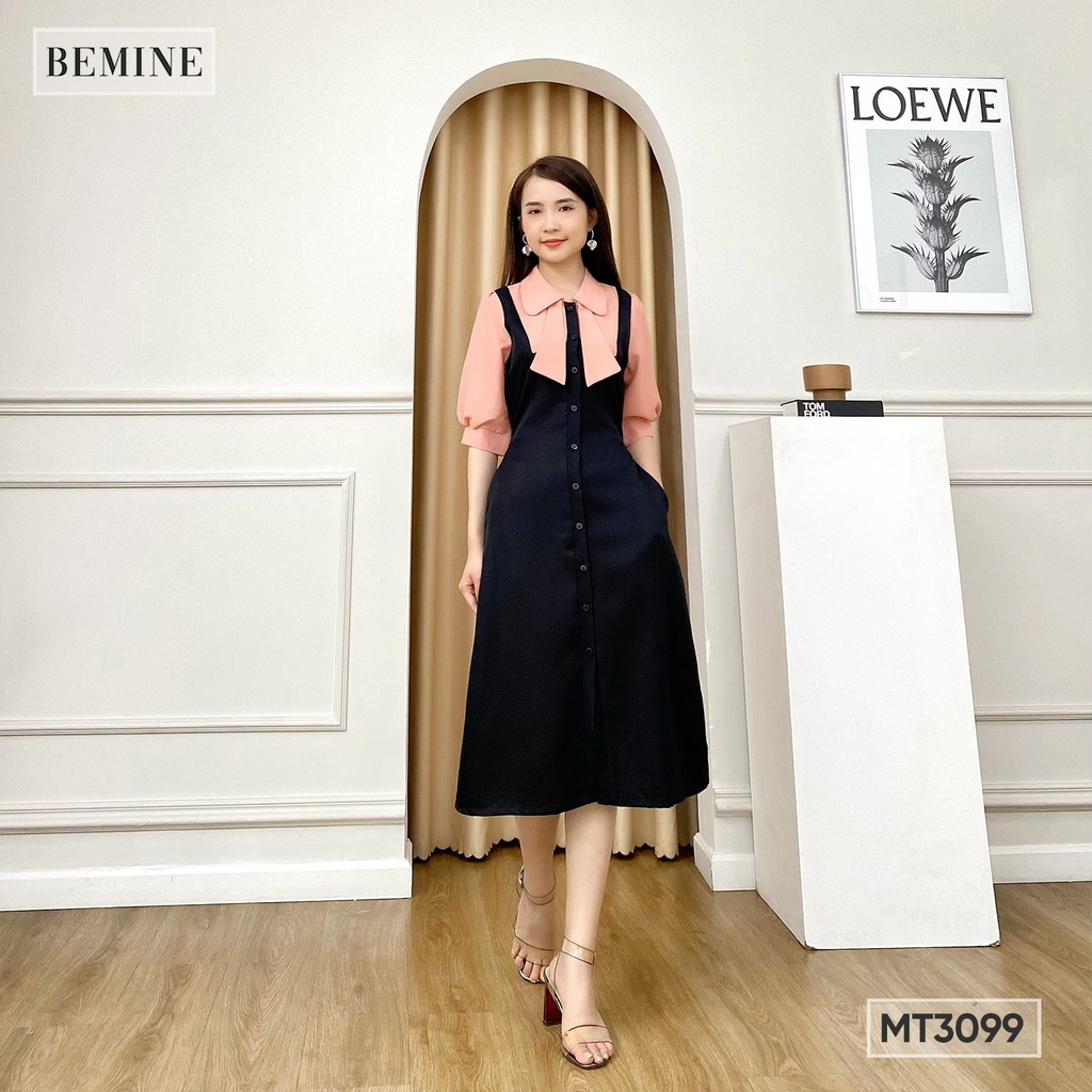 Đầm phối tay cổ sơ mi nơ BEMINE MT3099ĐEN