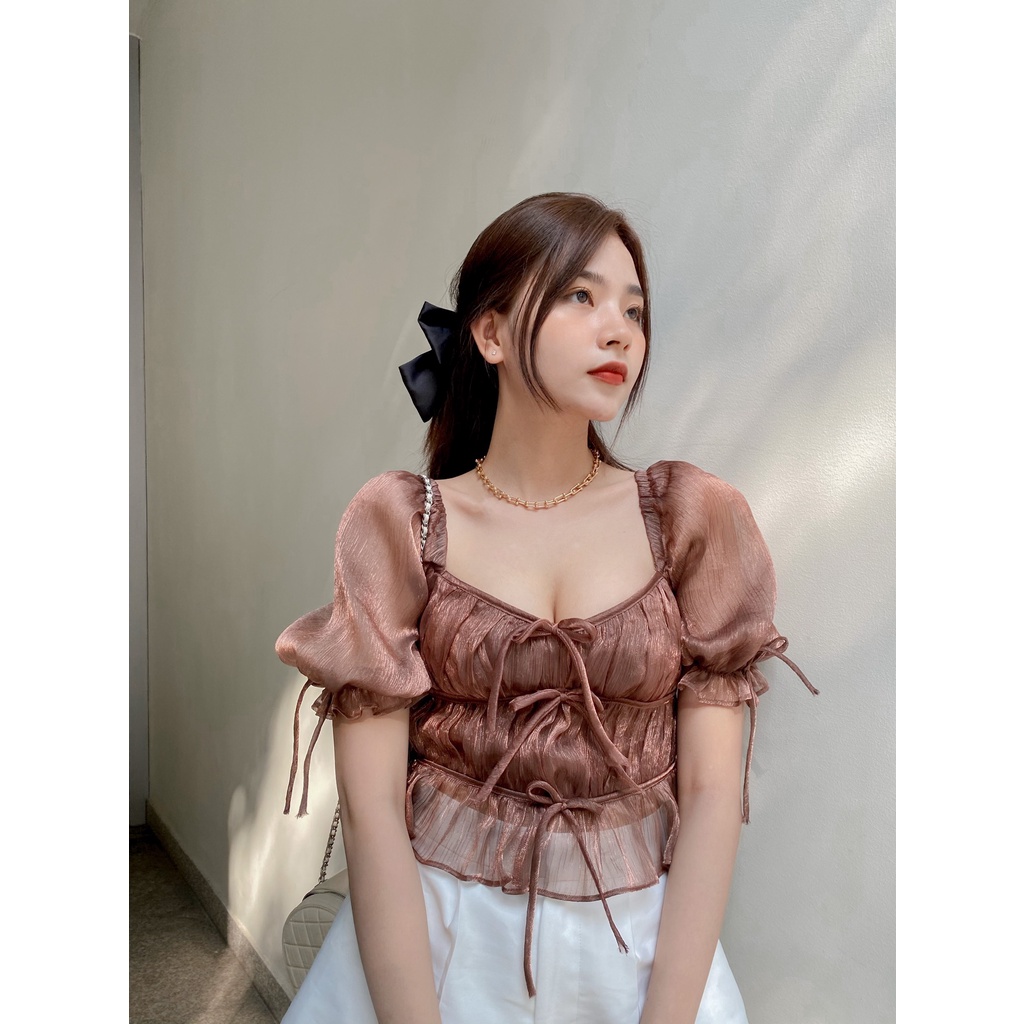Áo crotop SheByShj tay phồng màu nâu - Dana Top