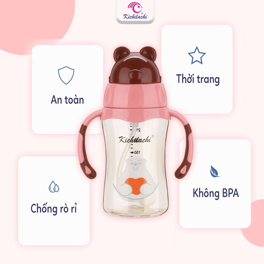 Bình tập uống nước hình gấu cho bé Kichilachi Tritan 240ml có vòi hút và núm ty cho bé từ 6 tháng trở lên