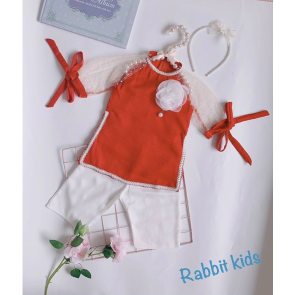 Áo Dài Cách Tân Bé Gái FREESHIPTẶNG BỜM NGỌC-Rabbit Kids-Đầm Tết Cho Bé Lụa Đỏ Tay Lưới Nhung