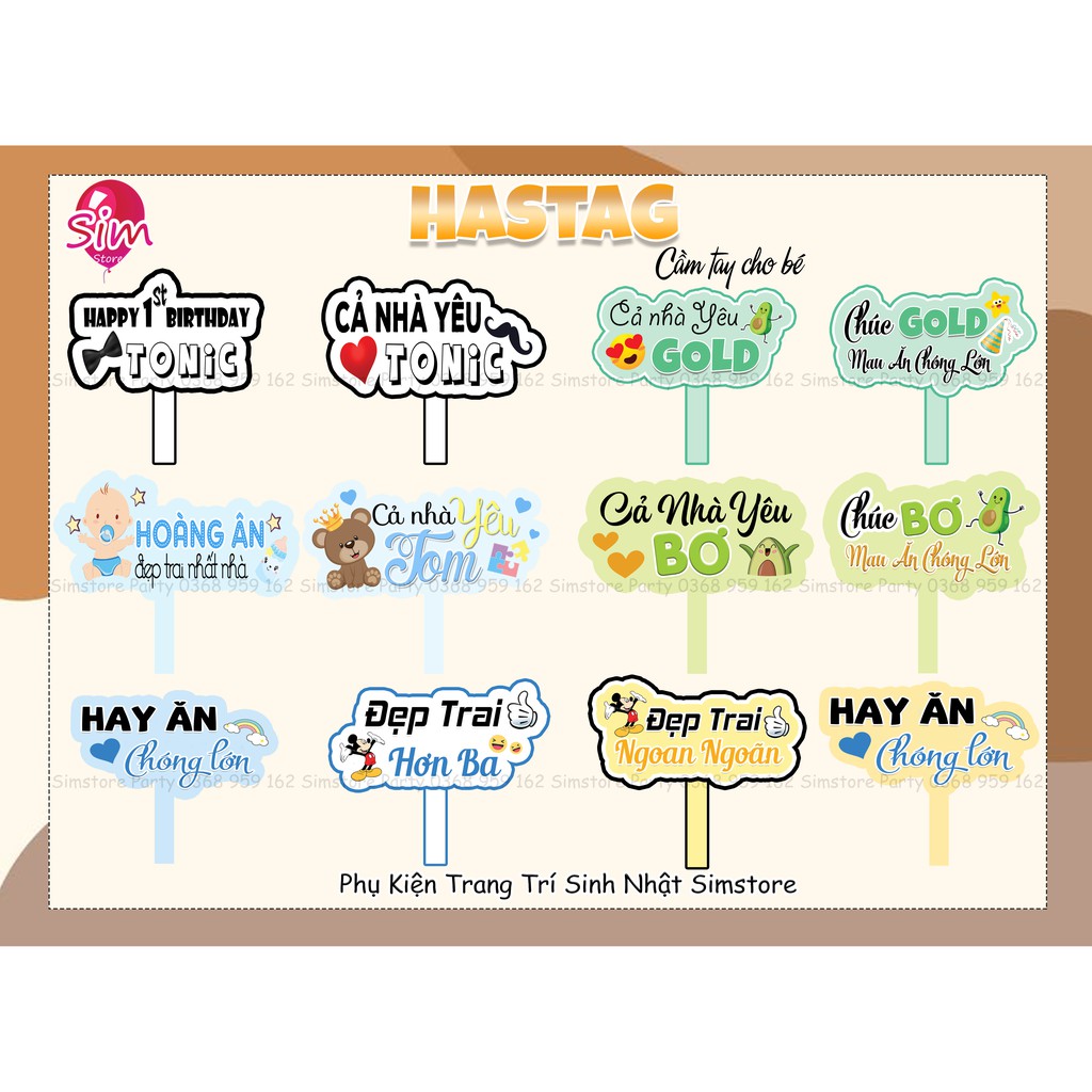 Hastag cầm tay check in sinh nhật cho bé thiết kế theo yêu cầu