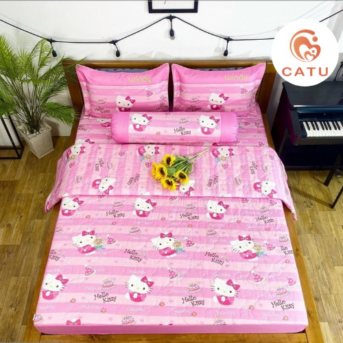 Bộ Chăn Drap Gối Cao Cấp Cotton Lụa Hàn Quốc Hello Kitty