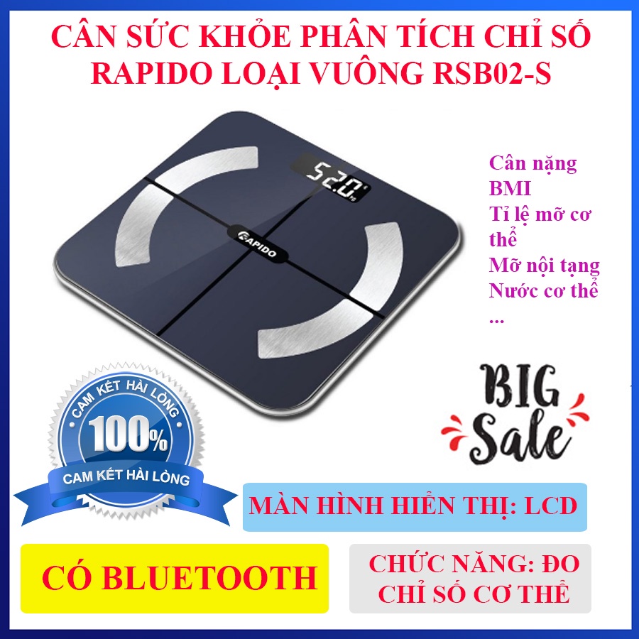 Cân Điện Tử Kết Nối Bluetooth, Cân sức khỏe phân tích chỉ số cơ thể Rapido RSF01-S Màn Hình Cảm ứng với độ chính xác cao