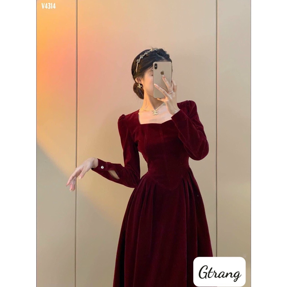 [Aimee Clothing] Váy nhung cổ vuông dáng xòe tiểu thư - Váy công chúa xếp ly cổ lượn vintage | BigBuy360 - bigbuy360.vn