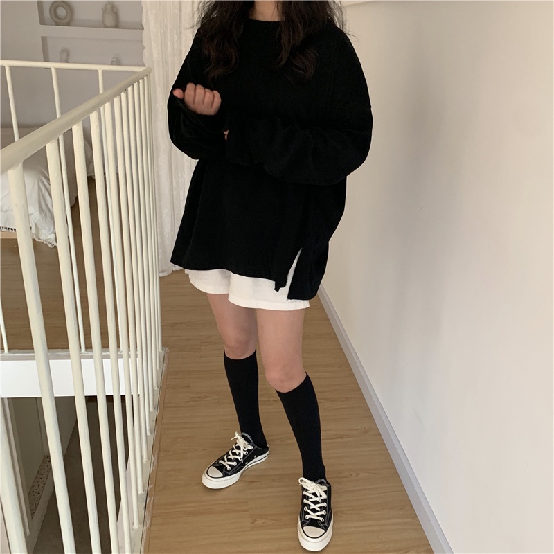 Áo Thun Tay Dài Cổ Tròn Dáng Rộng Xẻ Tà Cá Tính Cho Nữ