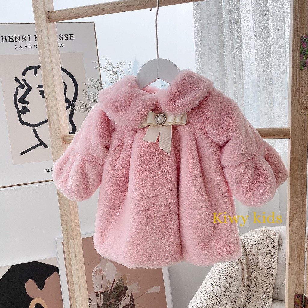 Áo lông bé gái Kiwy Kids phong cách tiểu thư,cổ đính nơ bên trong trần bông Kids47-2155 cho bé từ 9 tháng đến 5 tuổi