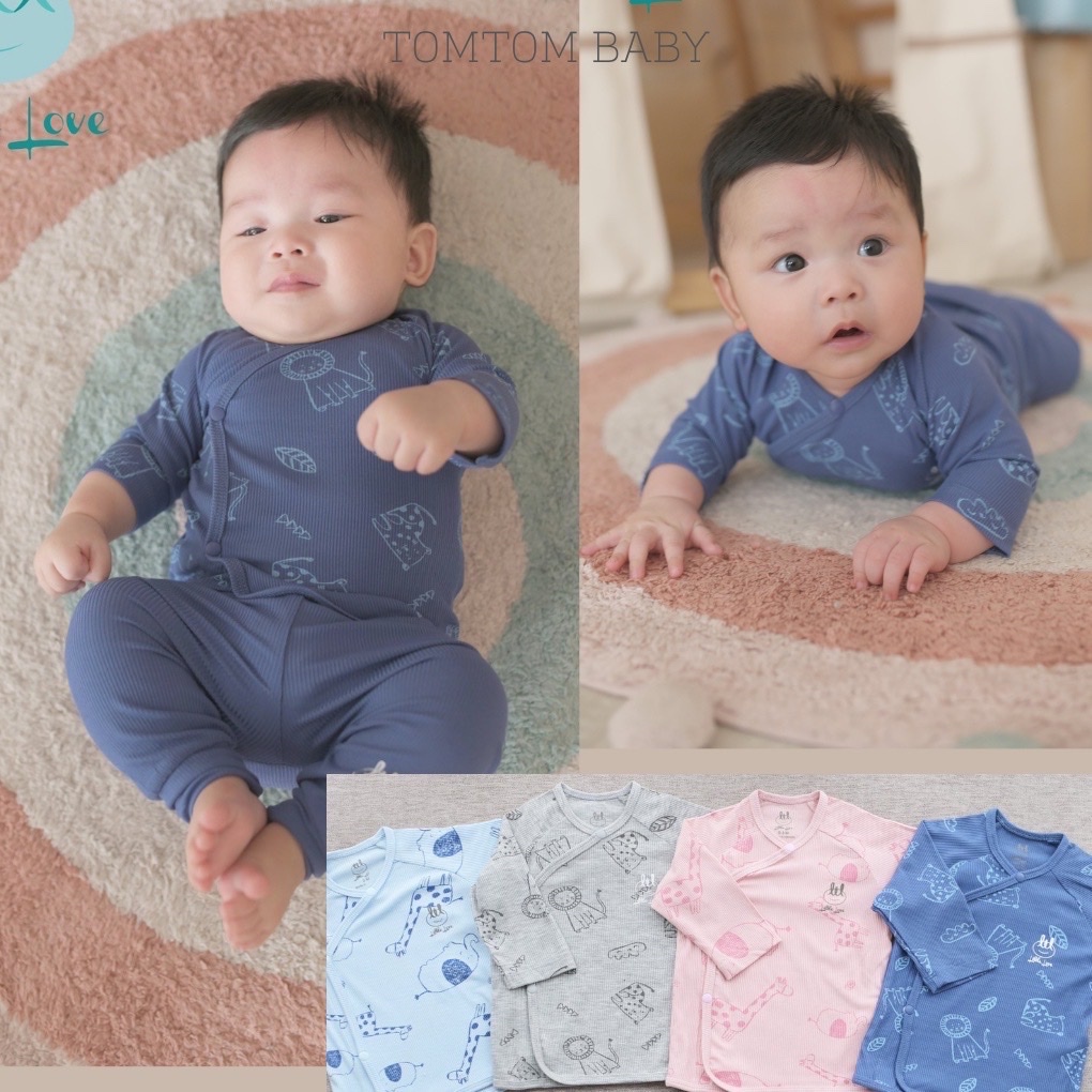 Lillte Love - Bộ cài lệch dài tay vải tăm in tràn cho bé trai, bé gái từ sơ sinh đến 6 tháng ( Size 0.3M tặng kèm phụ ki