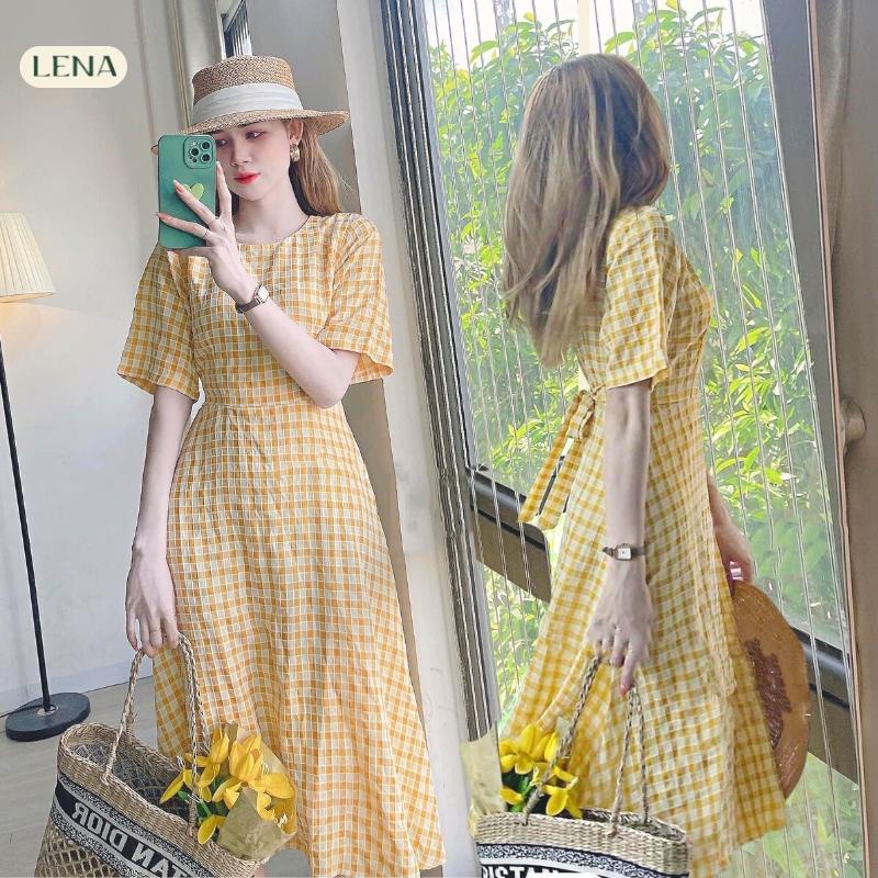 Đầm midi dáng dài caro 2 lớp LENA dạo phố đi chơi trẻ trung nữ tính - D2195