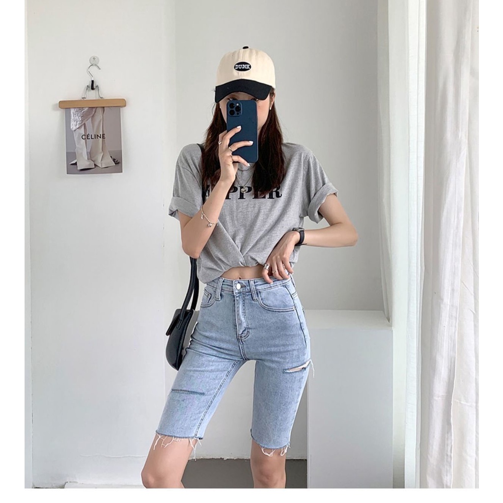 Quần Short denim Lưng Cao Co Giãn Ống Suông Thời Trang Mùa Hè 2022 Cho Nữ