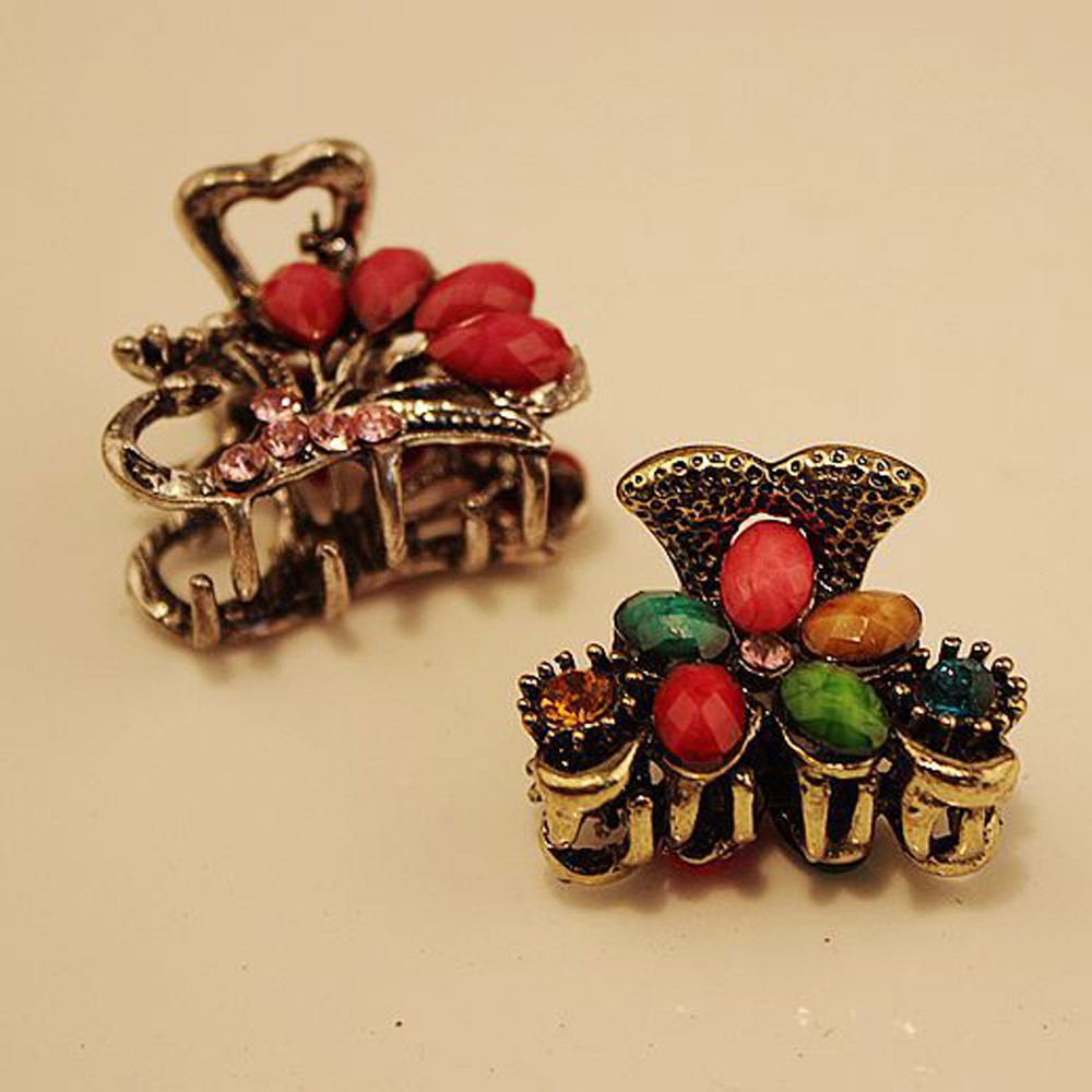 Kẹp tóc nhỏ bằng kim loại màu vàng cổ điển có đính đá màu sắc