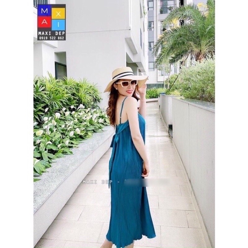 [Hàng đẹp]Đầm dập ly 2 dây cột nơ sau lưng dáng suông _hình thật. alohashop91