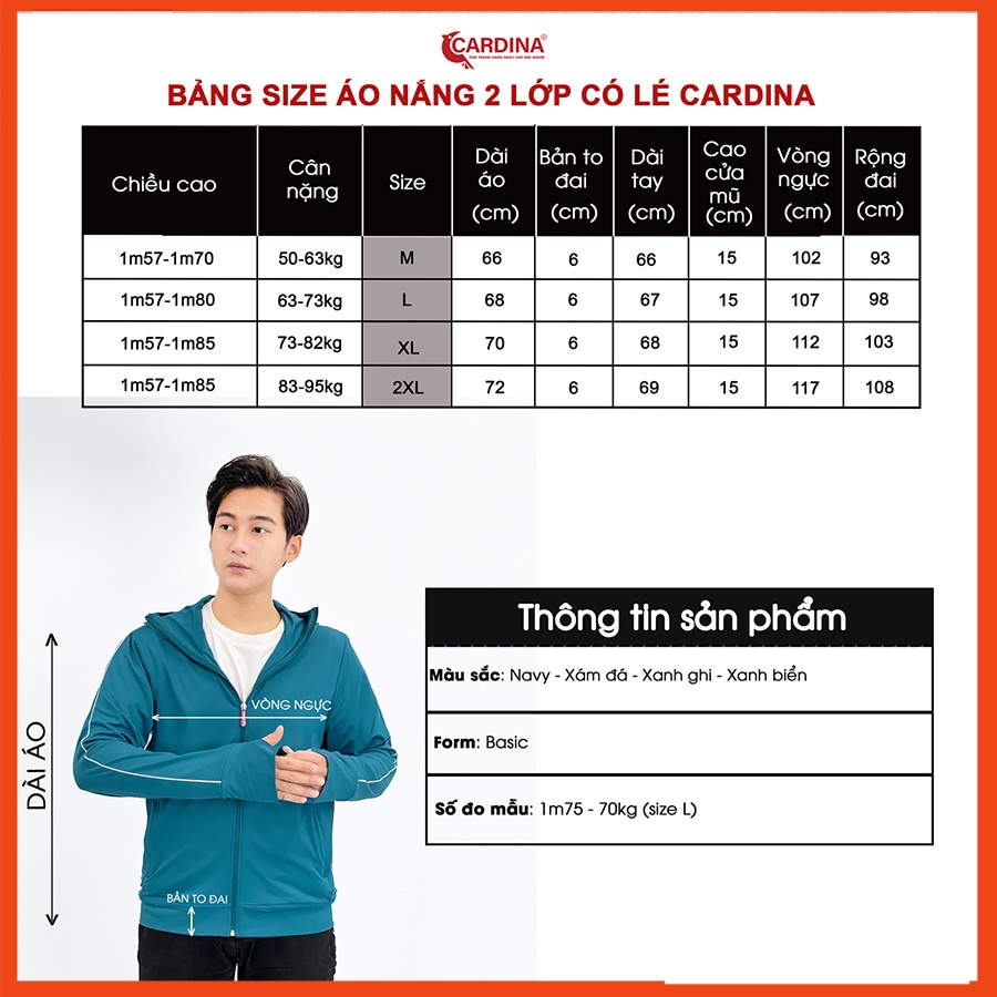 Áo chống nắng nam CARDINA 2 lớp chất thun lạnh cao cấp viền thể thao chống tia UV thiết kế lưới tản nhiệt 2NM02