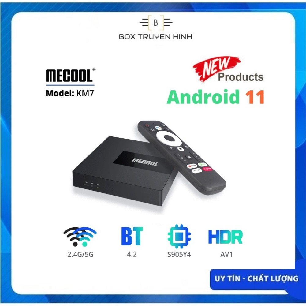 Android Box Mecool KM7, CPU S905Y4, Ram 2GB, Rom 16GB, Remote voice, Android TV 11 chính chủ Google, Wifi 2.4/5GHz