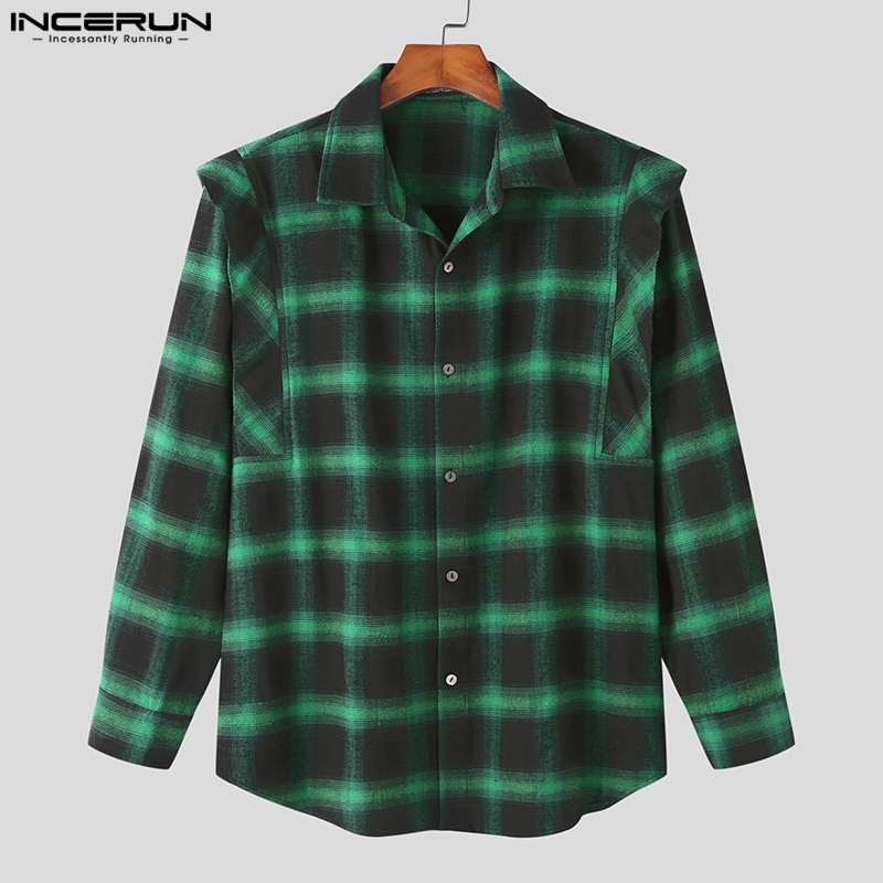 Áo sơ mi nam Incerun dài tay họa tiết caro màu xanh lá cơ bản