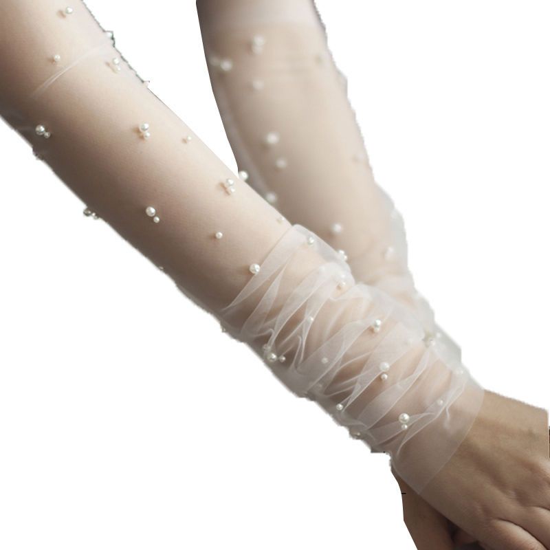 [Aishang Trang Sức Đẹp] Găng Tay Cô Dâu Màu Trắng Đính Ngọc Trai Găng Tay Gạc Dáng Ngắn Dùng Khi Chụp Ảnh Du