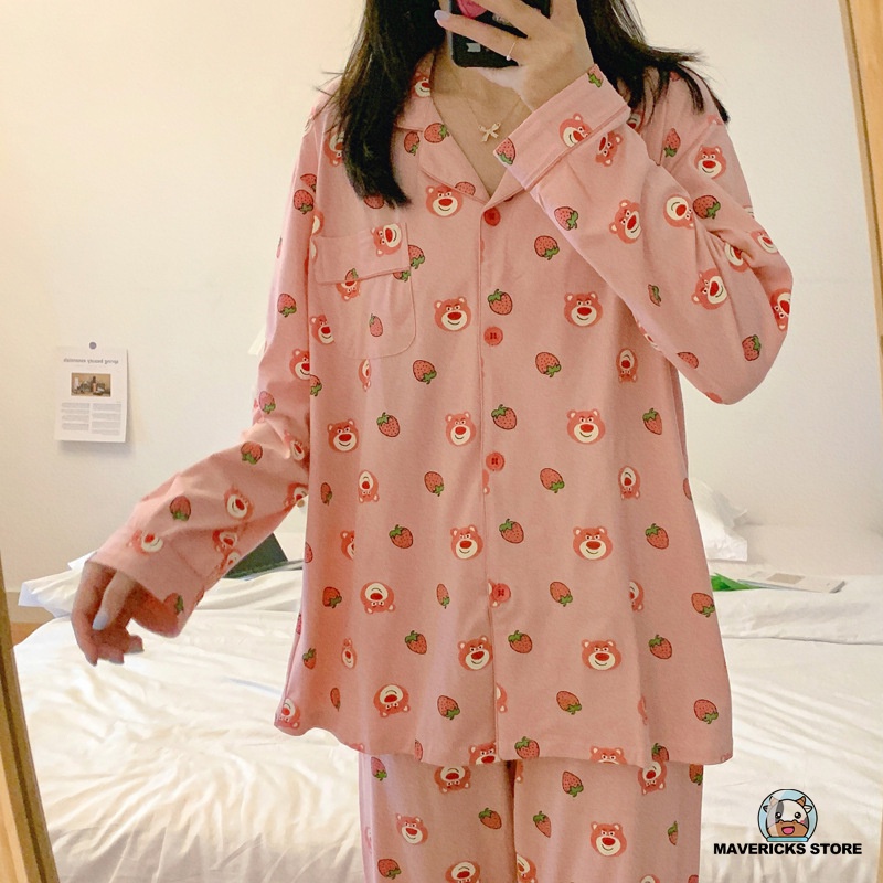 Bộ đồ ngủ hai mảnh họa tiết hoạt hình dễ thương phong cách Hàn Quốc cho nữ