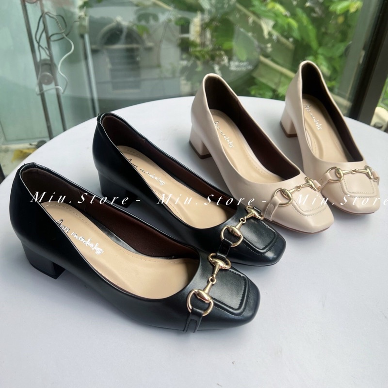 Giày cao gót nữ mũi vuông da lì nơ khoá vàng VNXK, giày nữ, giày boot nữ gót 3p lót mút êm chân dễ phối đồ nữ công sở