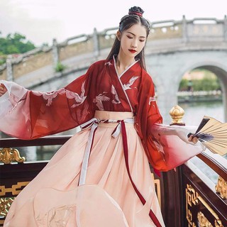 Váy Hán Phục tay dài eo ôm in hình chim hạc phong cách Trung Hoa thời trang mùa hè cho nữ sinh