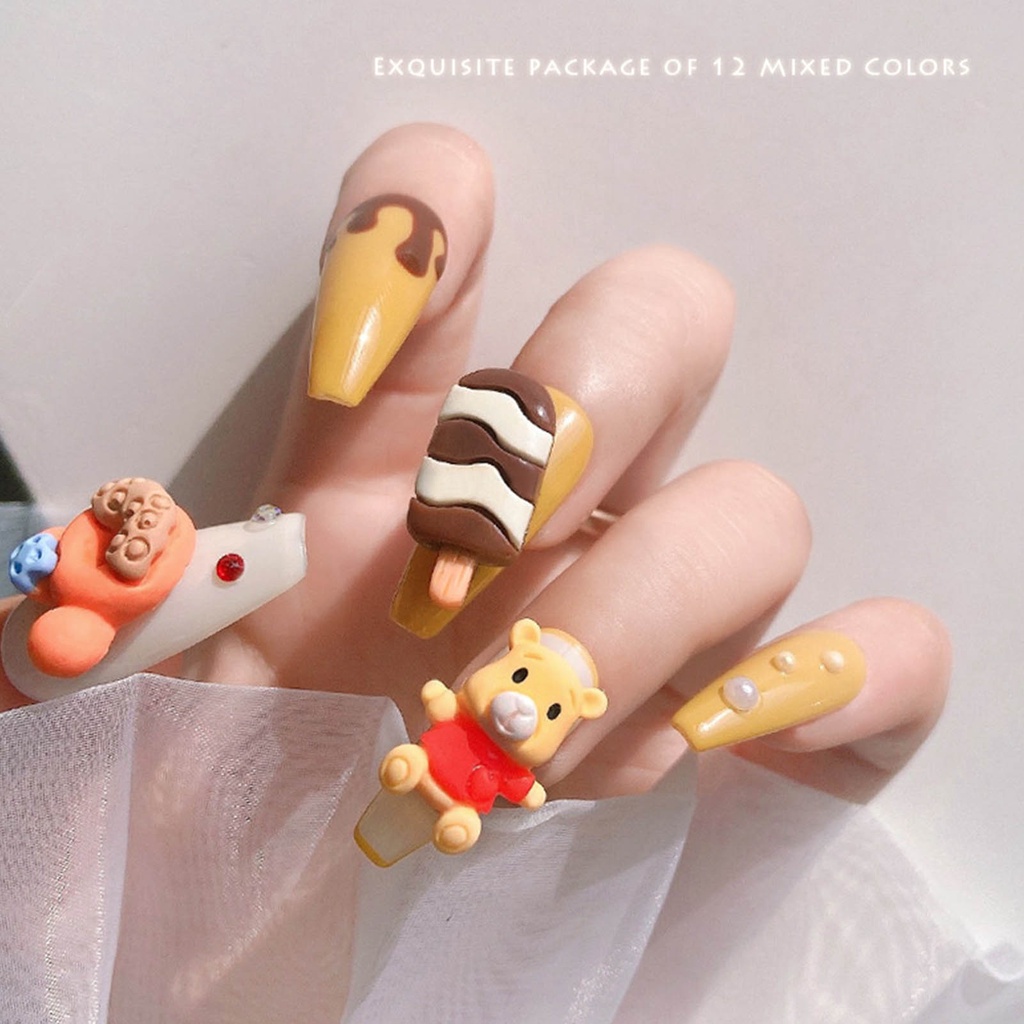 Set 12 Phụ Kiện Trang Trí Móng Tay Hình Gấu Hoạt Hình DIY